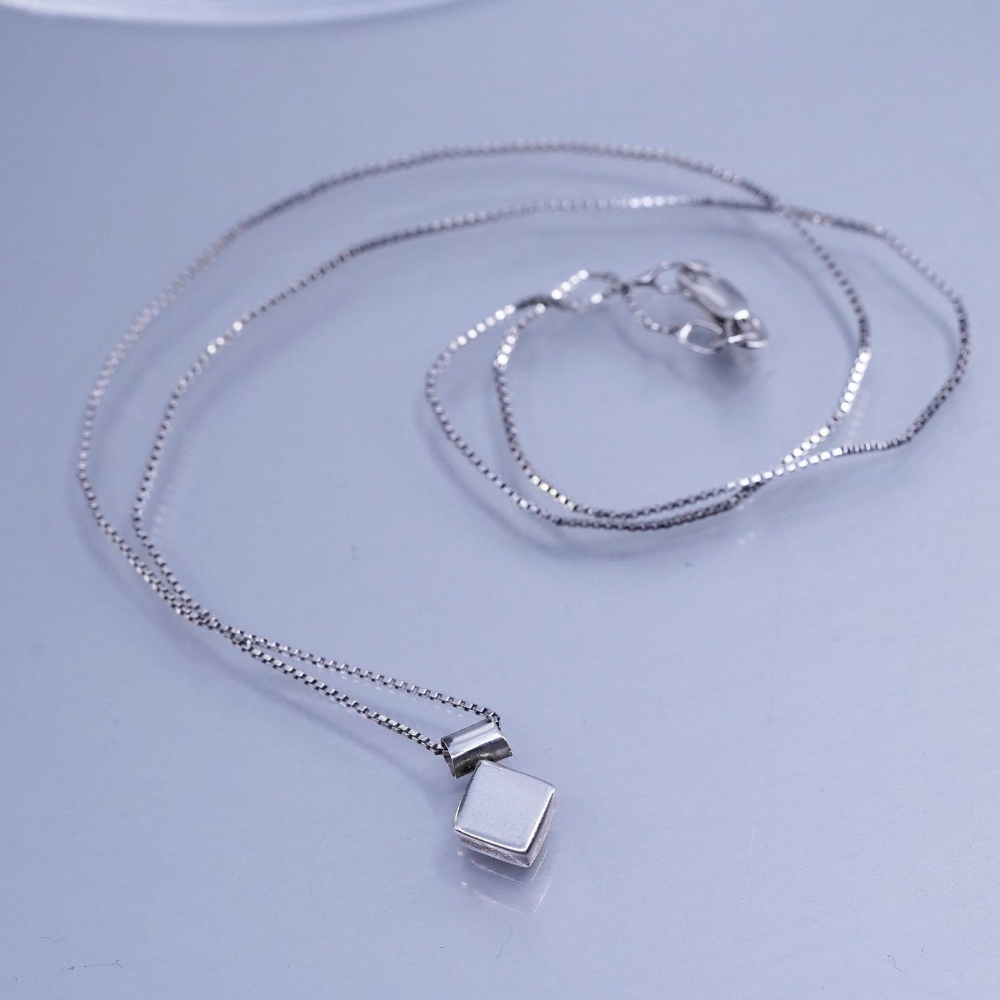 18” 1mm, Vintage Sterling silver necklace, box chain with 925 square pendant