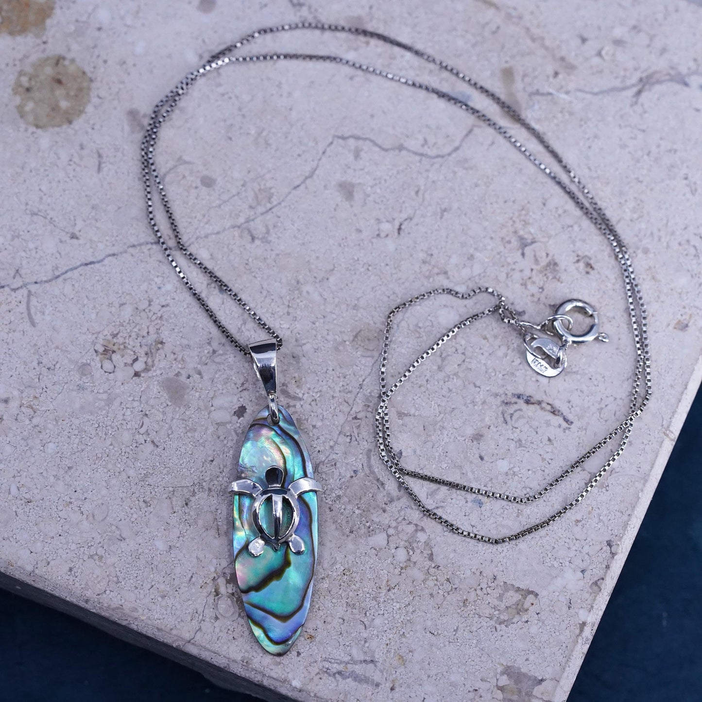 16”, vintage Sterling 925 silver circle chain necklace abalone turtle pendant