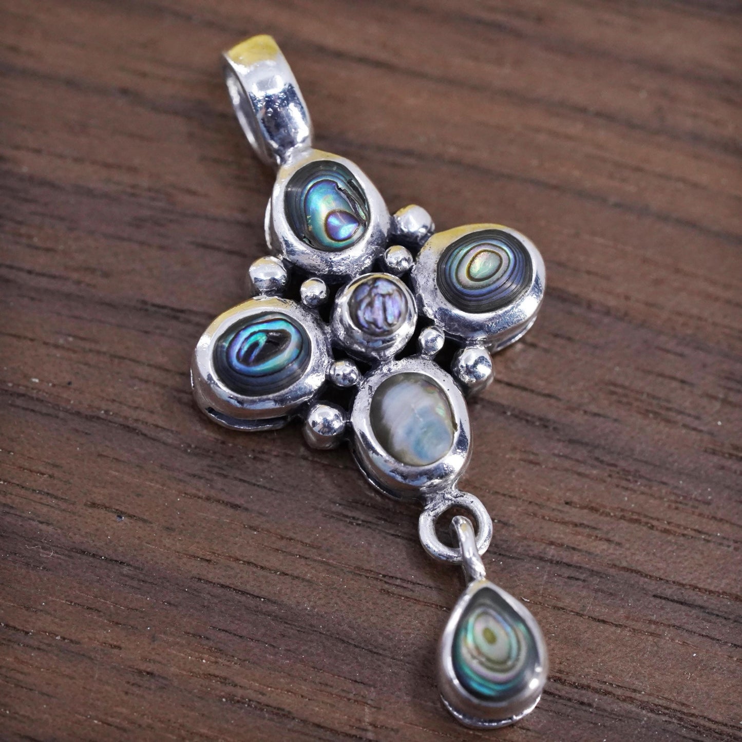 Vintage Sterling 925 silver handmade floral pendant with abalone inlay
