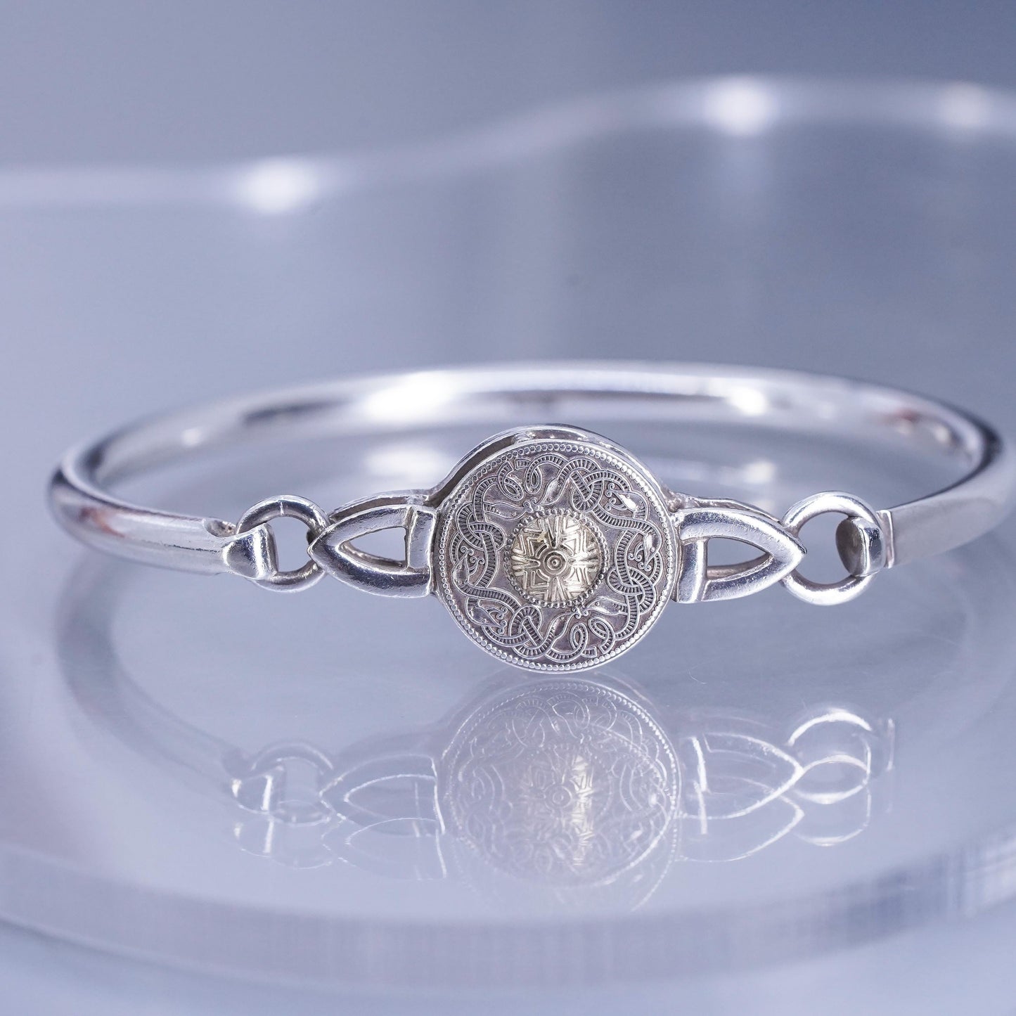 7”, two tone Irish Sterling 925 silver bracelet, hinged bangle 14K yellow gold