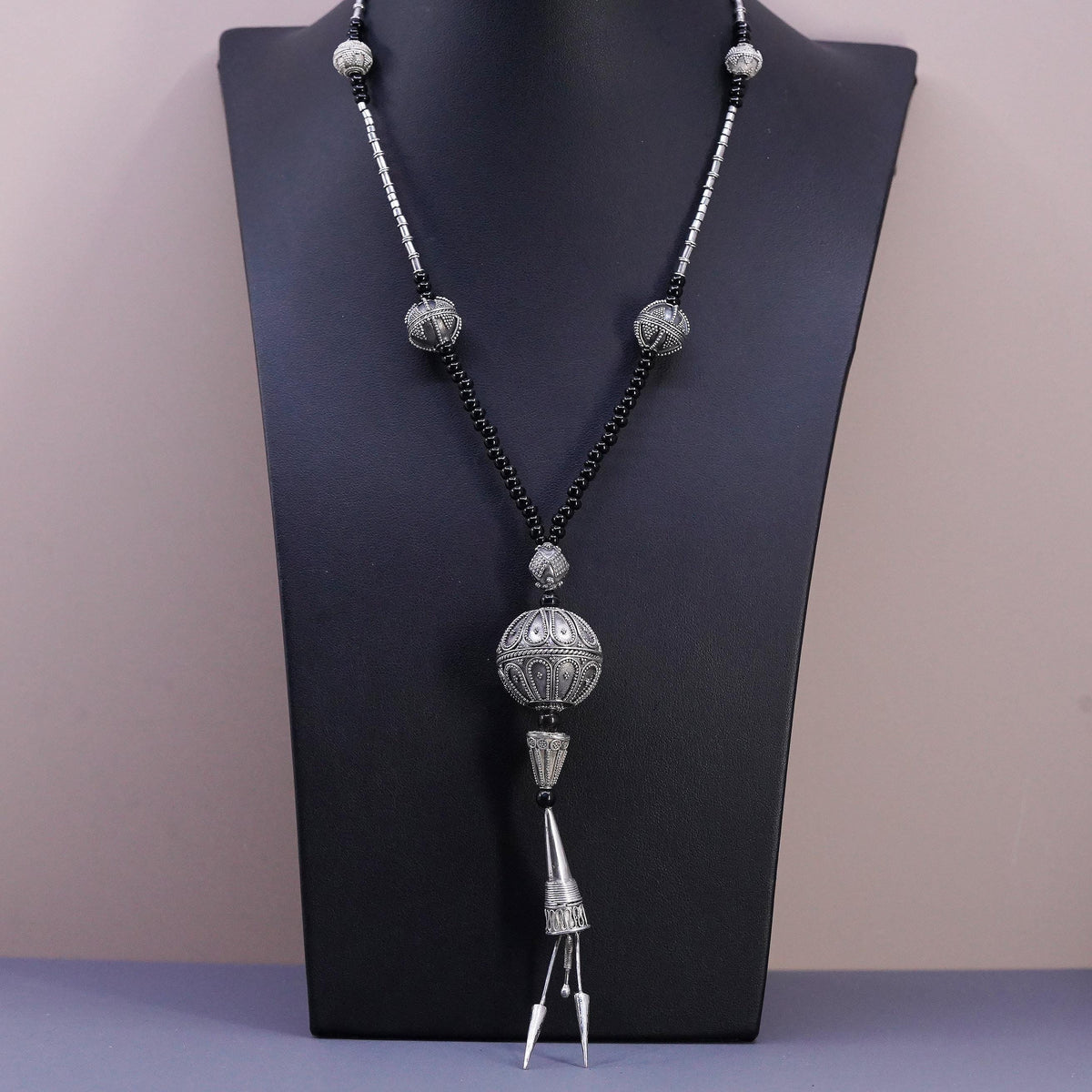18", Sterling 925 Silver Beaded Necklace, Black Onyx, Ornate Sphere Pendant,