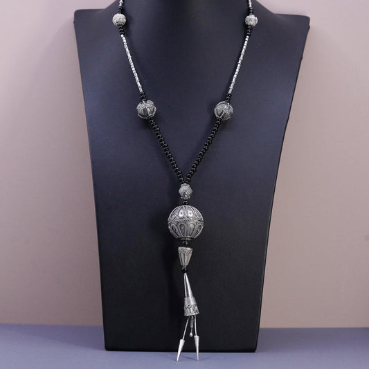 18", Sterling 925 Silver Beaded Necklace, Black Onyx, Ornate Sphere Pendant,