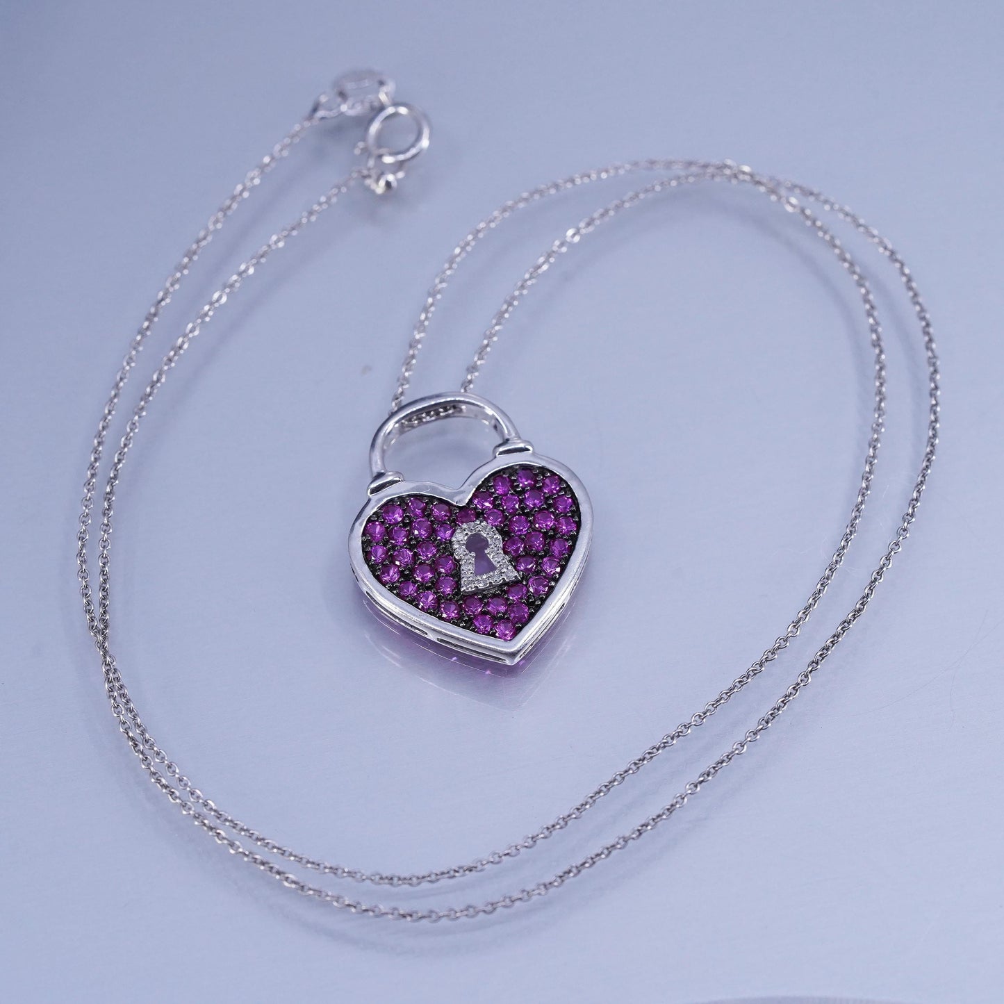 18”, sterling 925 silver necklace, circle chain pink crystal heart lock pendant