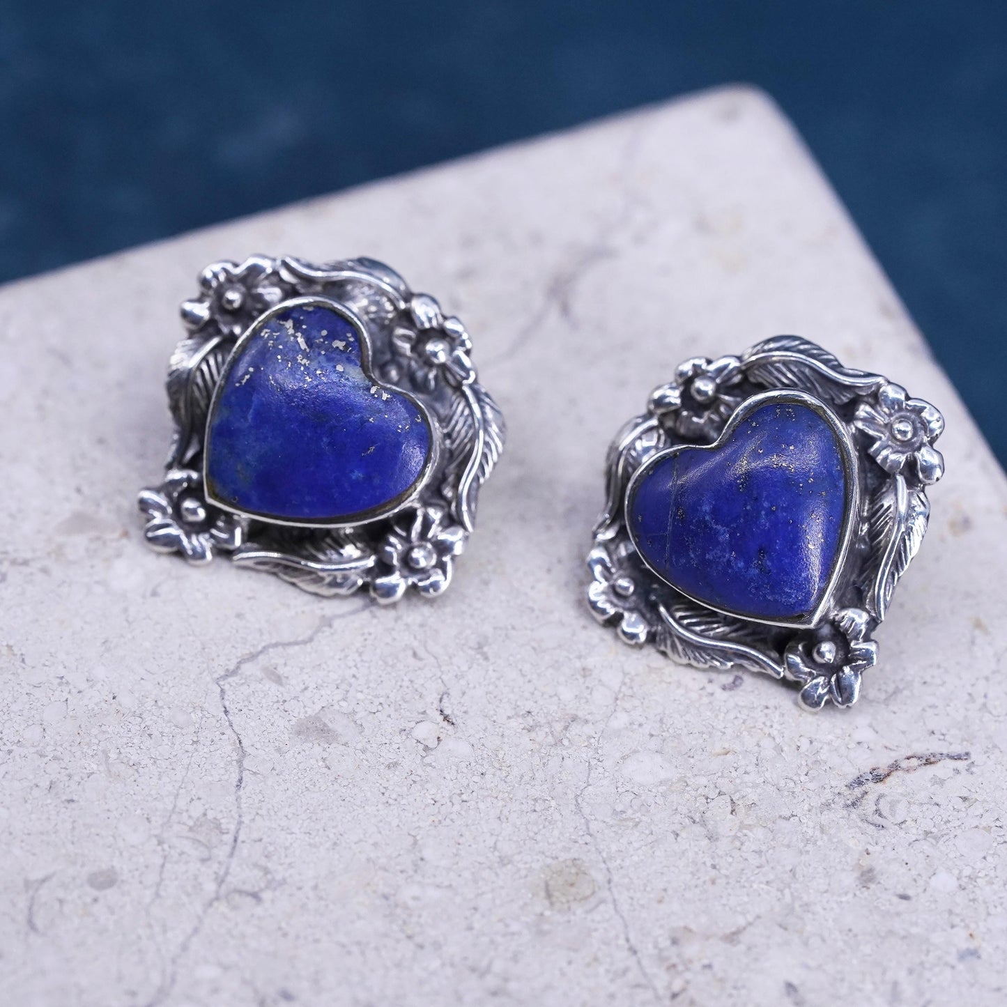 Vintage southwestern sterling silver earrings, 925 heart studs lapis lazuli