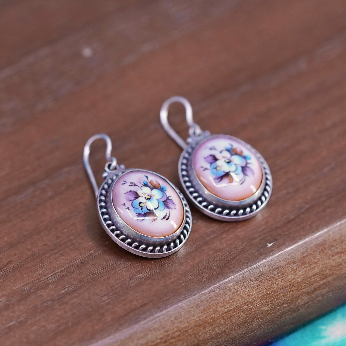 Vintage Sterling 925 silver handmade earrings with pink flower