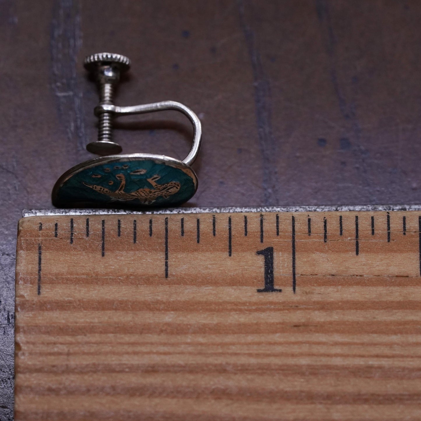 Sterling silver single earring, 925 teardrop screw back Indian blue enamel