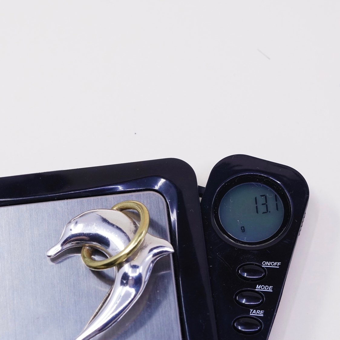 Vintage two Tone sterling silver handmade brooch, solid 925 silver dolphin w/ brass ring, stamped 925 mexico