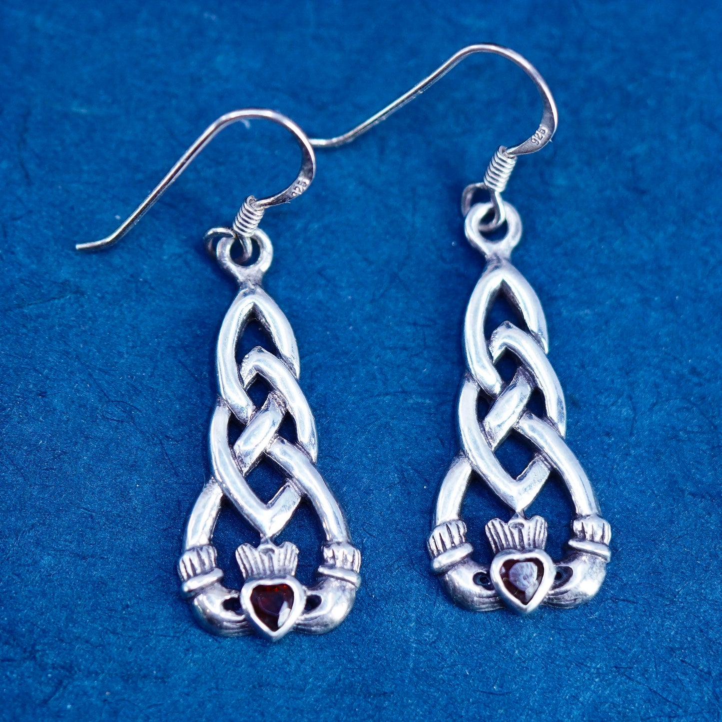 Sterling silver friendship earrings 925 Irish claddagh holding heart hands ruby