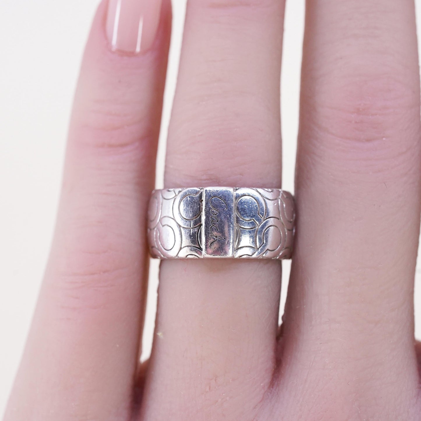 Size 5.5, Vintage Coach logo sterling silver ring, 925 wide band