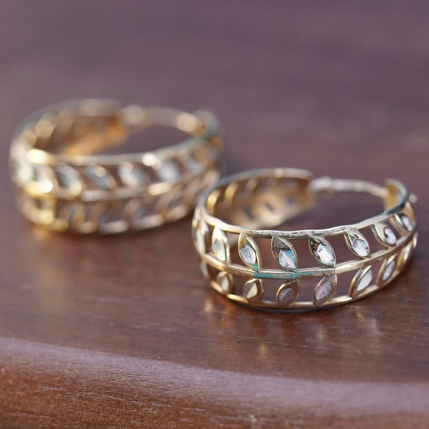 1”, vintage vermeil gold over Sterling silver earrings, 925 leafy hoops