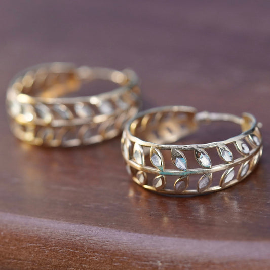 1”, vintage vermeil gold over Sterling silver earrings, 925 leafy hoops