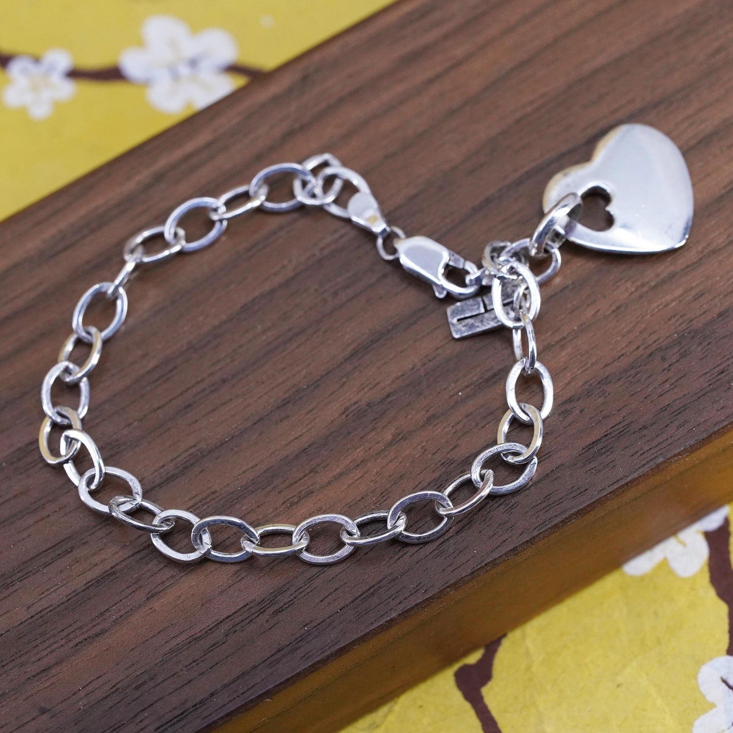 6.75”, vintage Sterling silver charm bracelet, 925 oval chain heart tag charm