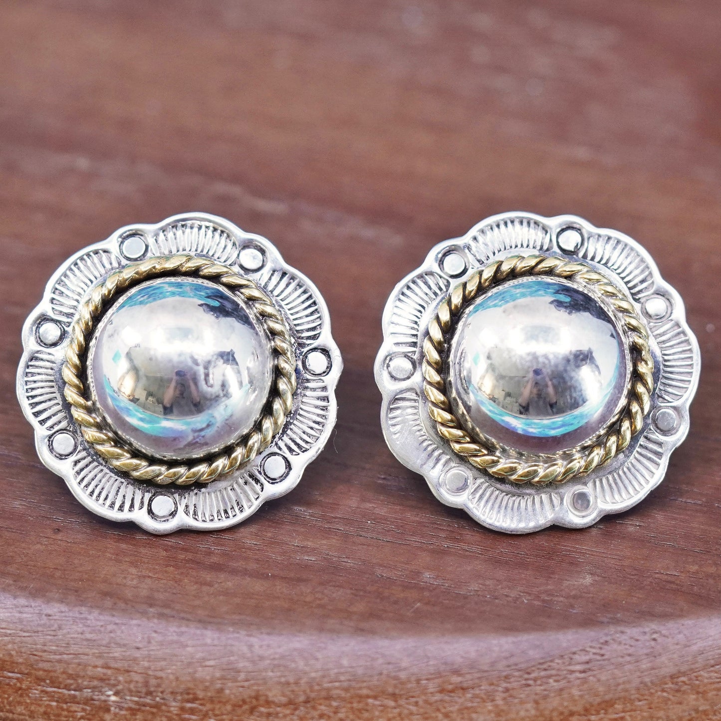 two tone Mexico Sterling silver handmade earrings, 925 flower studs brass cable