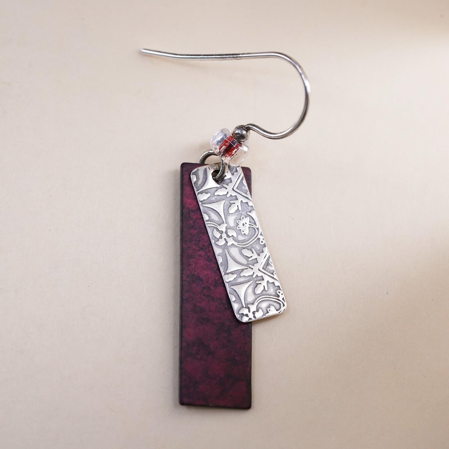 Vintage sterling silver handmade single earring, 925 textured double tags