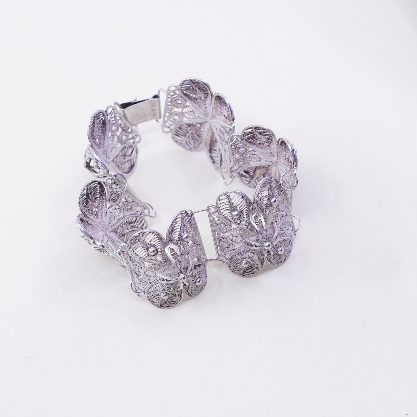 7.5”, vintage sterling silver handmade bracelet, 900 filigree square link chain