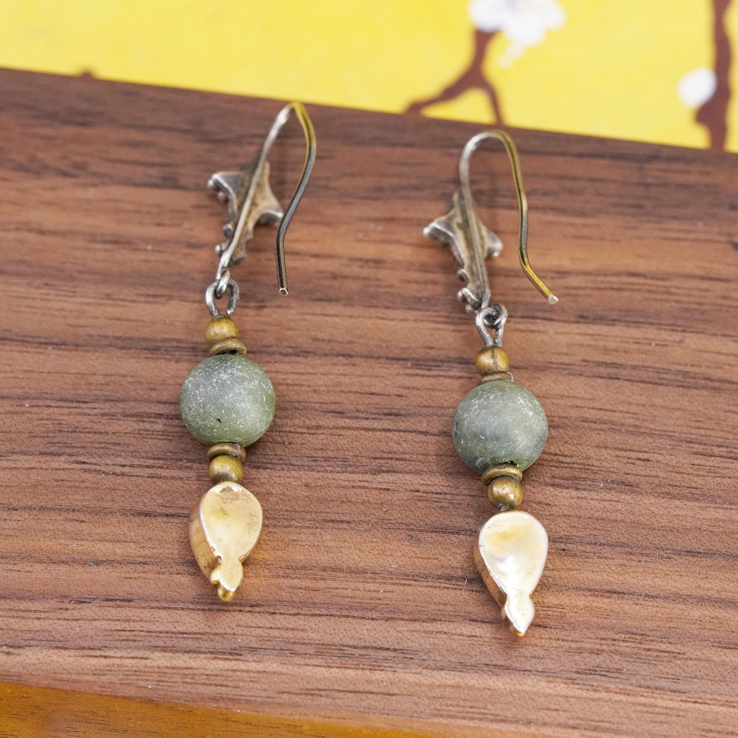 Vintage sterling silver 925 handmade cross earrings with teardrop jade