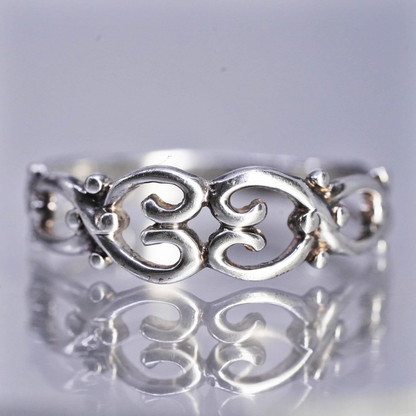 Size 9, Vintage Sterling Silver Handmade Ring, 925 filigree heart band