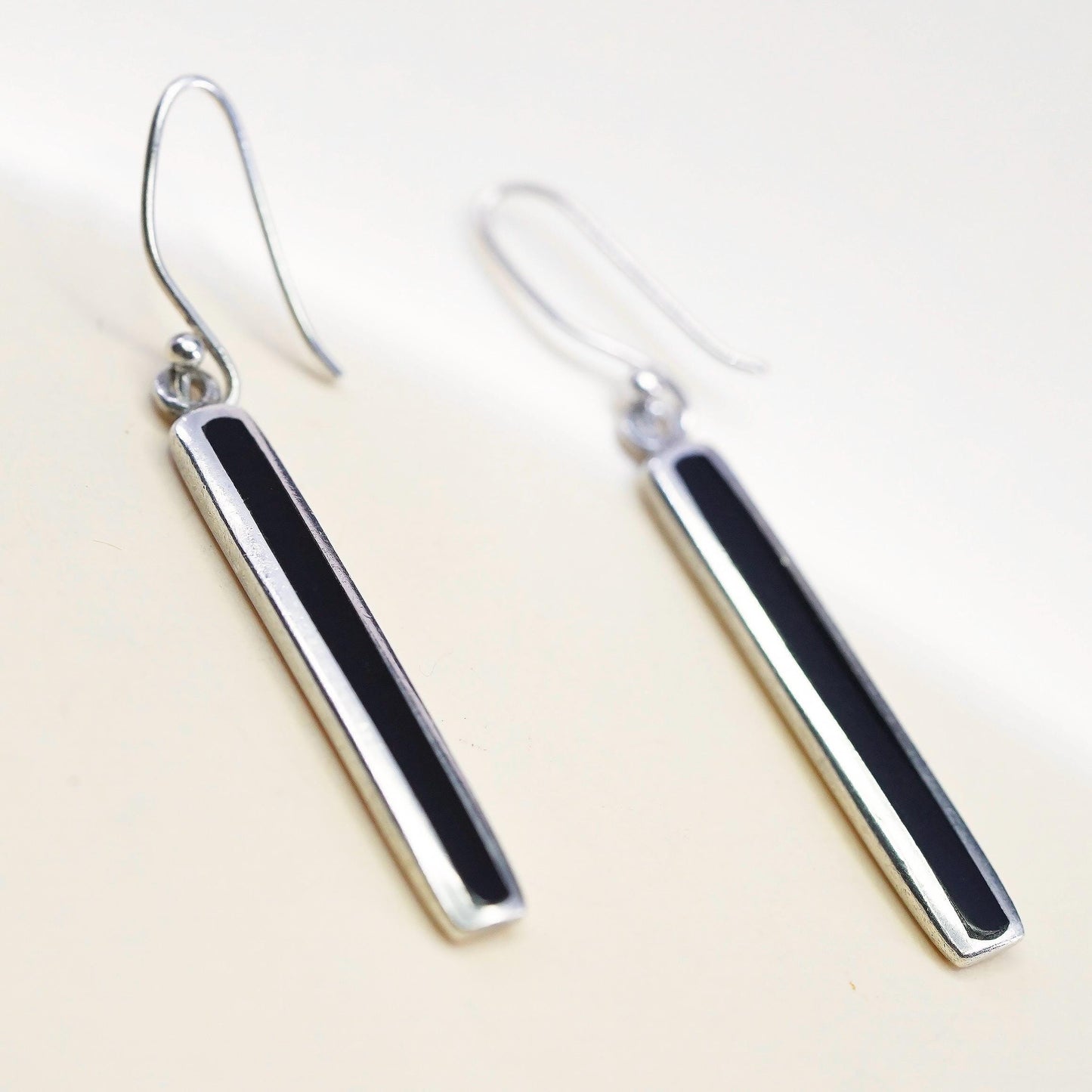 Vintage Sterling silver handmade earrings, 925 long dangles with enamel inlay
