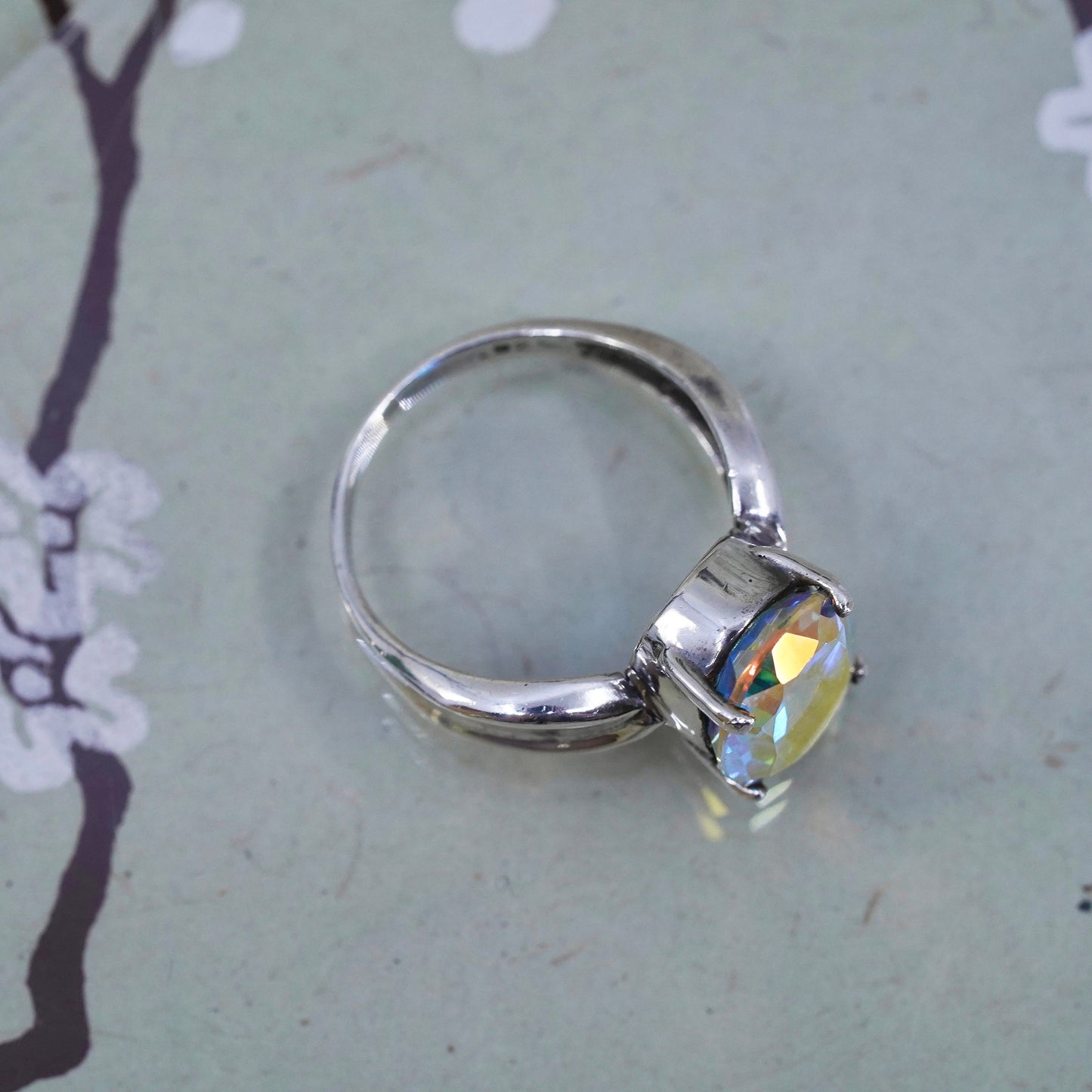 Size 7.75, vintage Badavici Sterling 925 silver handmade ring rainbow tavalite