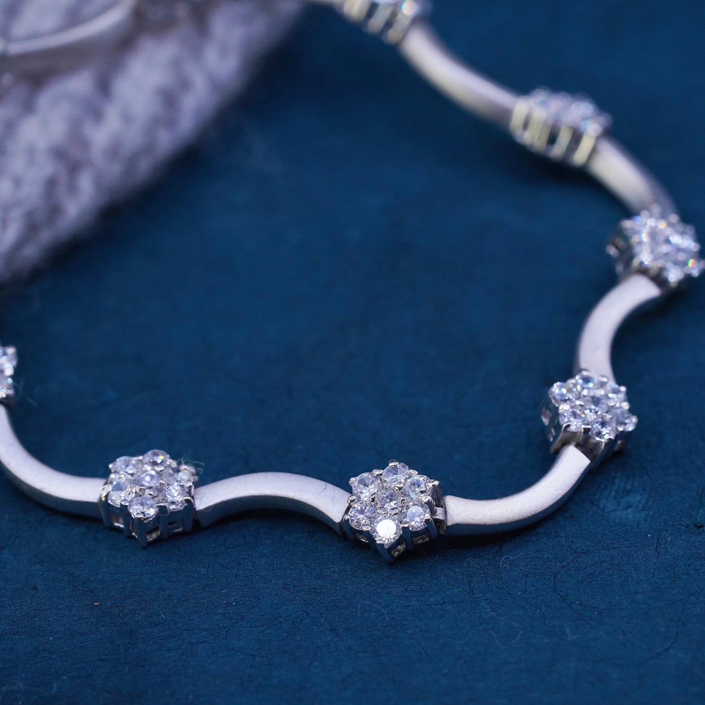 7”, vintage matte sterling 925 silver tennis bracelet with Cz flower details