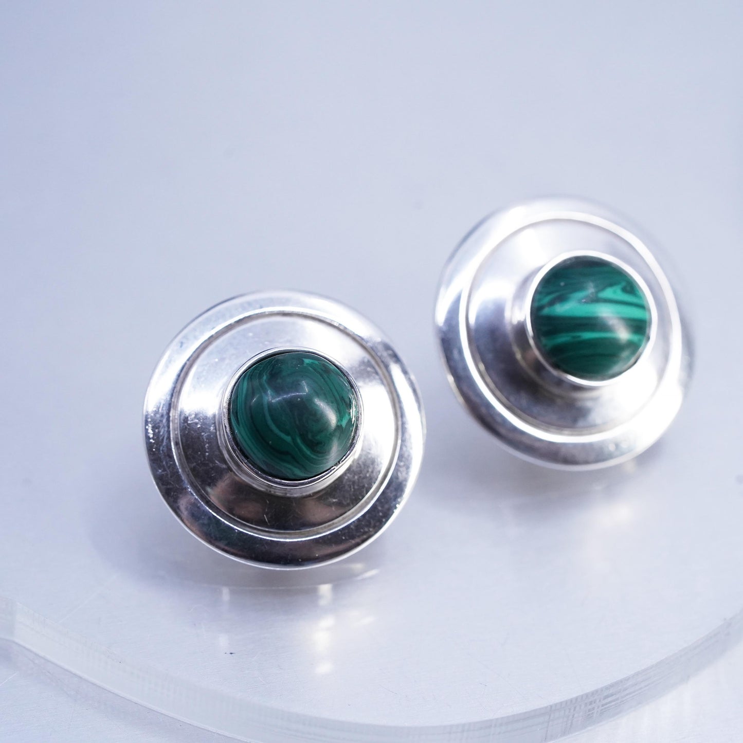 Vintage Mexican 925 Sterling Silver malachite onyx inlay circle studs Earrings