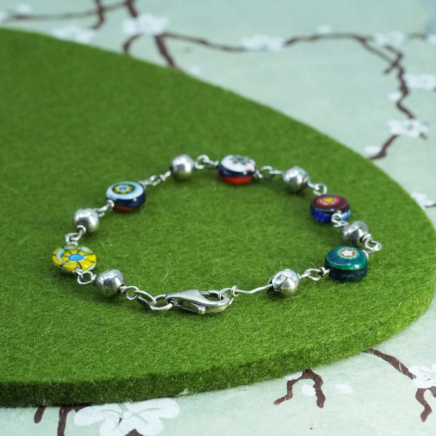 7”, vintage Italy Sterling 925 silver bracelet with artisan Murano glass beads