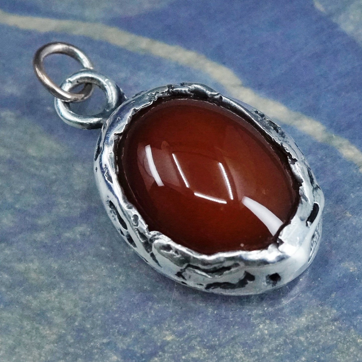 Vintage sterling silver handmade textured pendant with carnelian