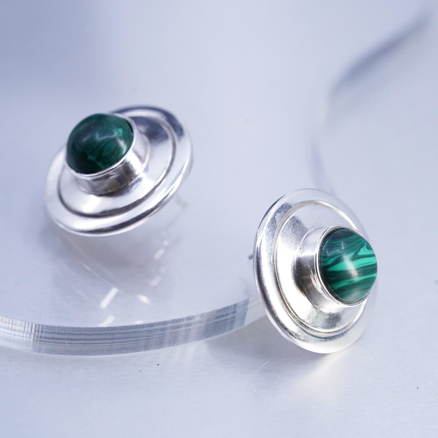 Vintage Mexican 925 Sterling Silver malachite onyx inlay circle studs Earrings