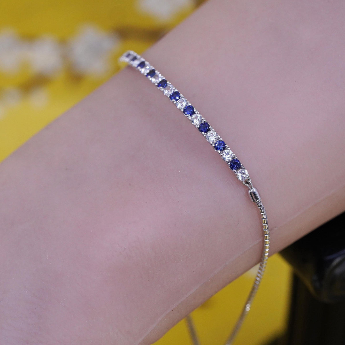 vintage PM Sterling silver bracelet, 925 box chain sapphire white topaz bar