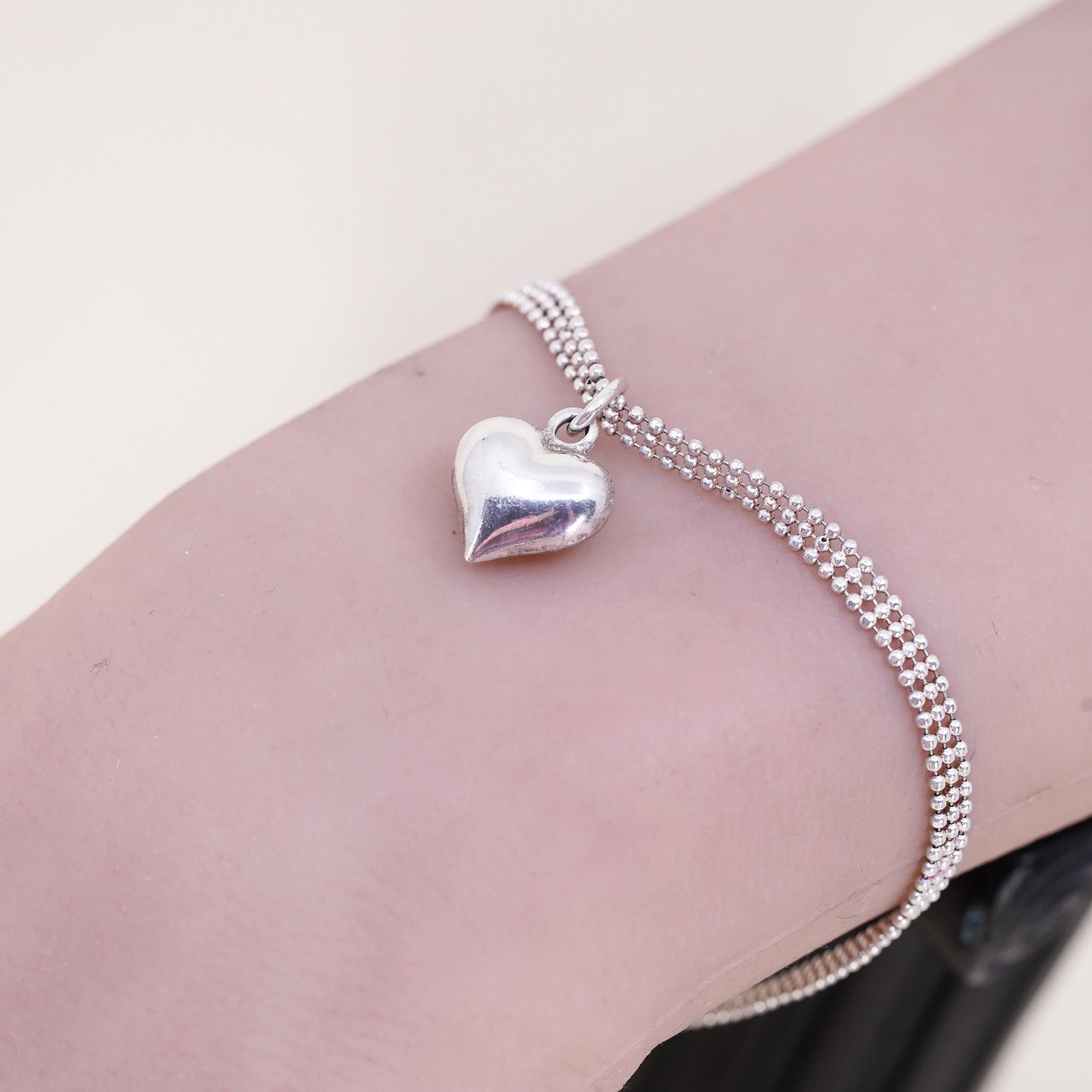 7” 4mm, Vintage Italian sterling silver bracelet, 925 bead chain heart charm