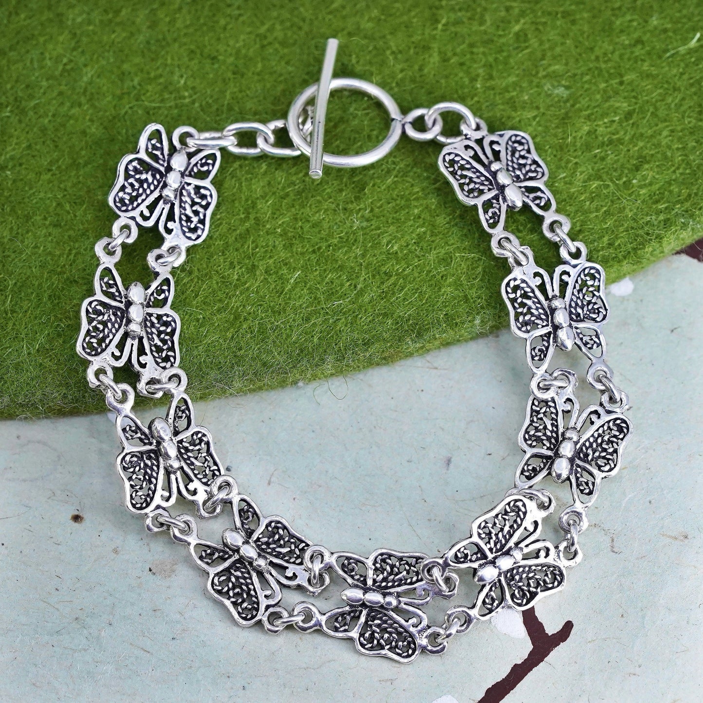 7", Vintage Sterling silver handmade bracelet, 925 silver filigree butterfly