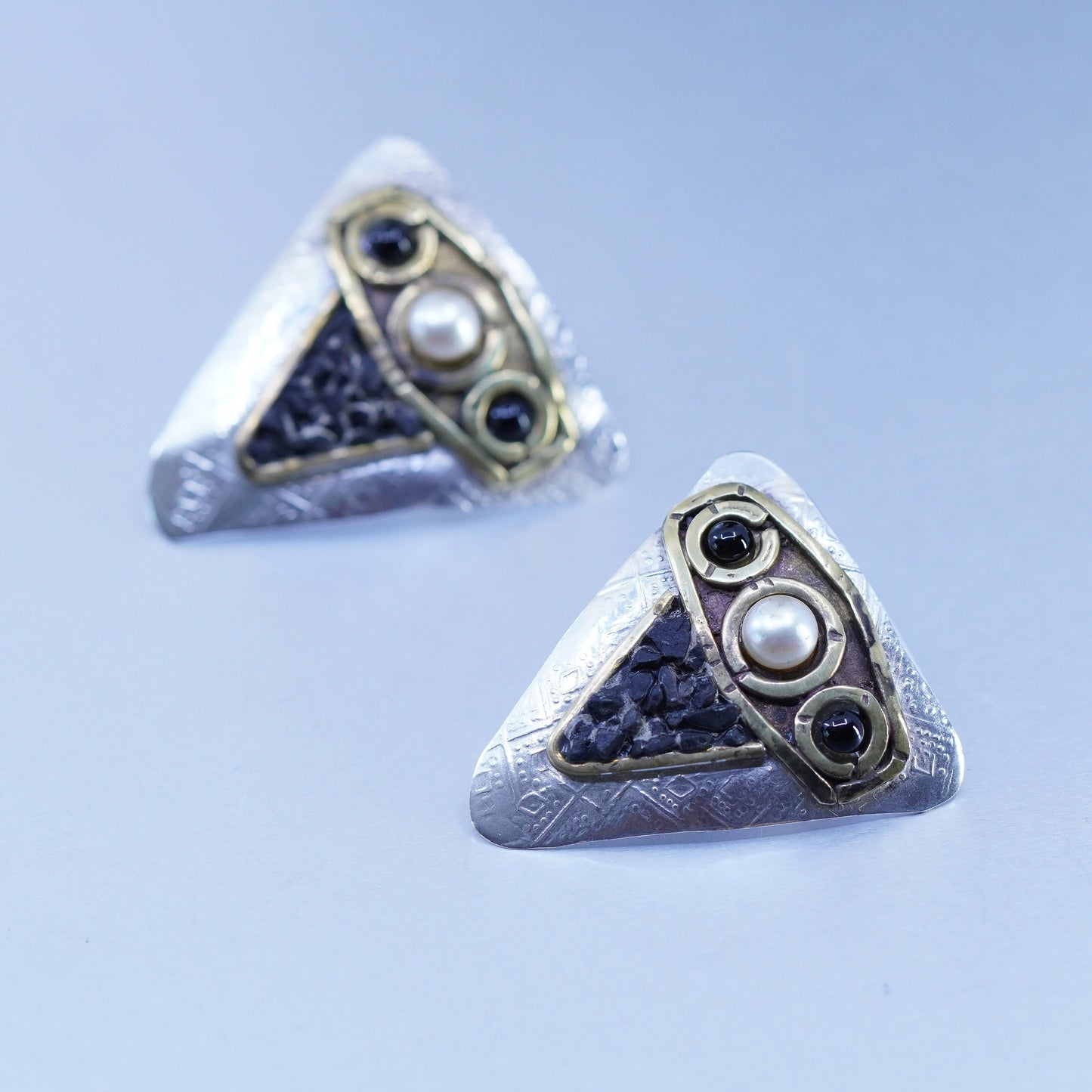 two tone Sterling 925 silver earrings, triangular owl studs pearl black onyx