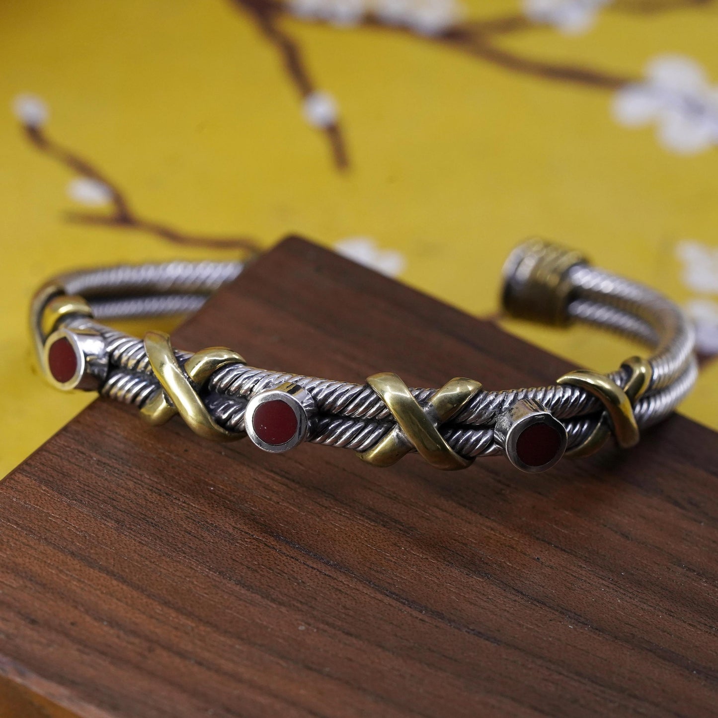 6.75", Mexican sterling silver bracelet, 925 cable cuff brass cross red onyx