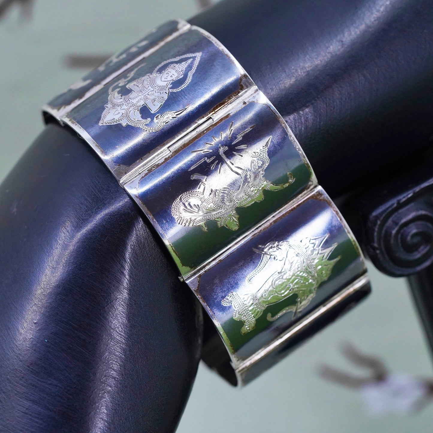 6”, Indian Siam Alex Co 925 sterling silver wide bracelet engraved goddess