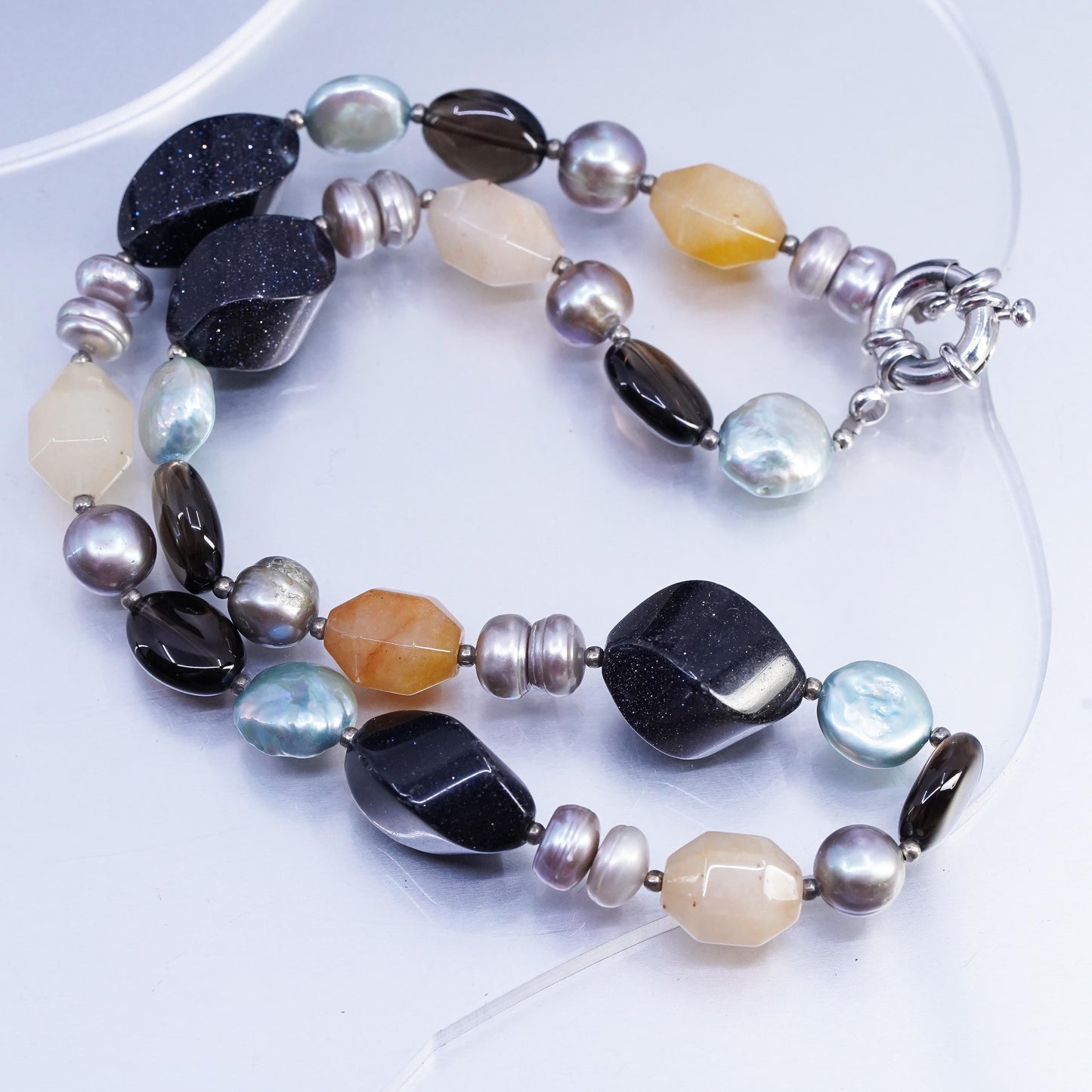 18", vintage Sterling 925 silver necklace with pearl citrine goldstone beads
