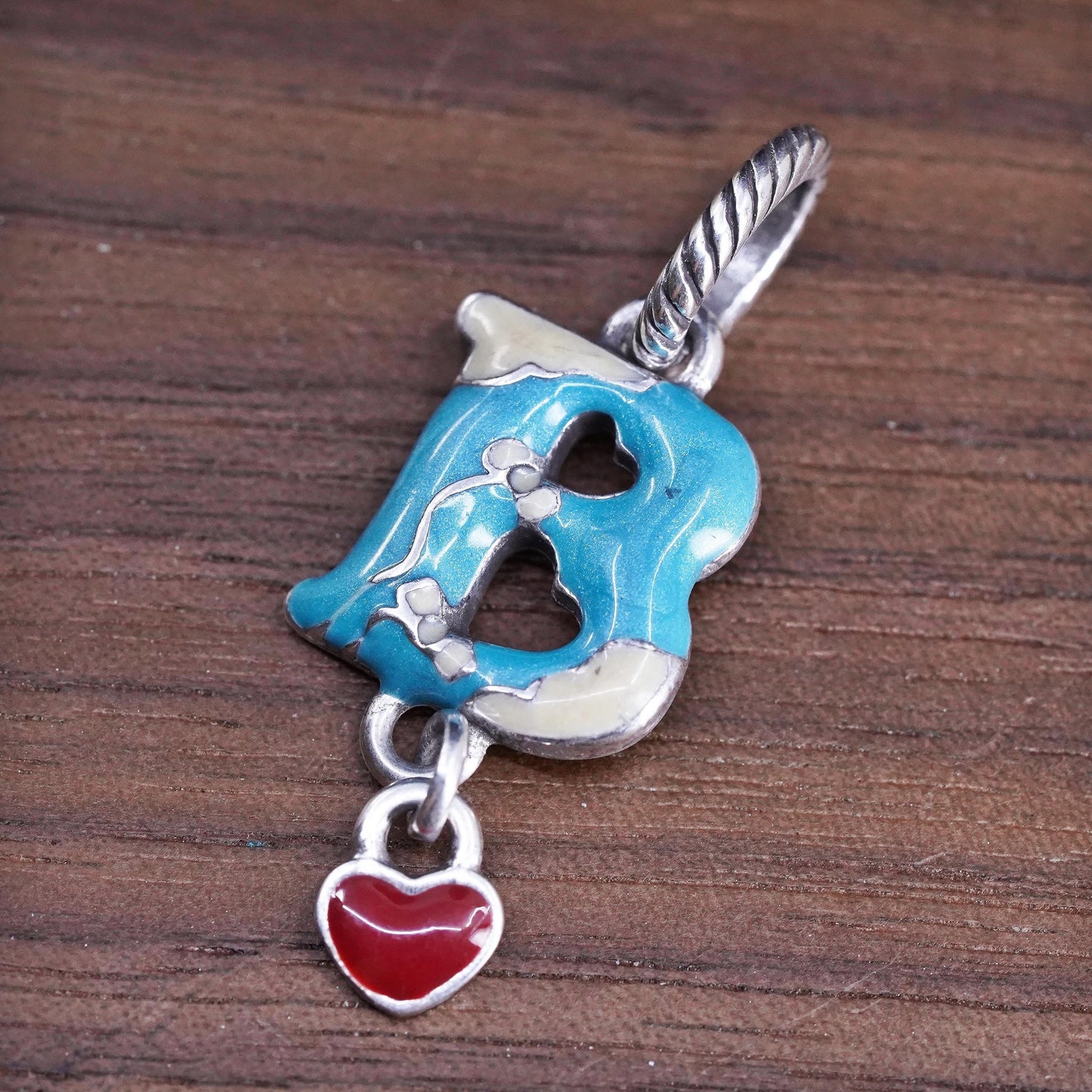 Vintage silver tone handmade charm, enamel letter B pendant