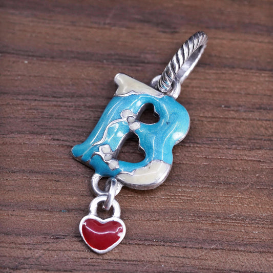 Vintage silver tone handmade charm, enamel letter B pendant