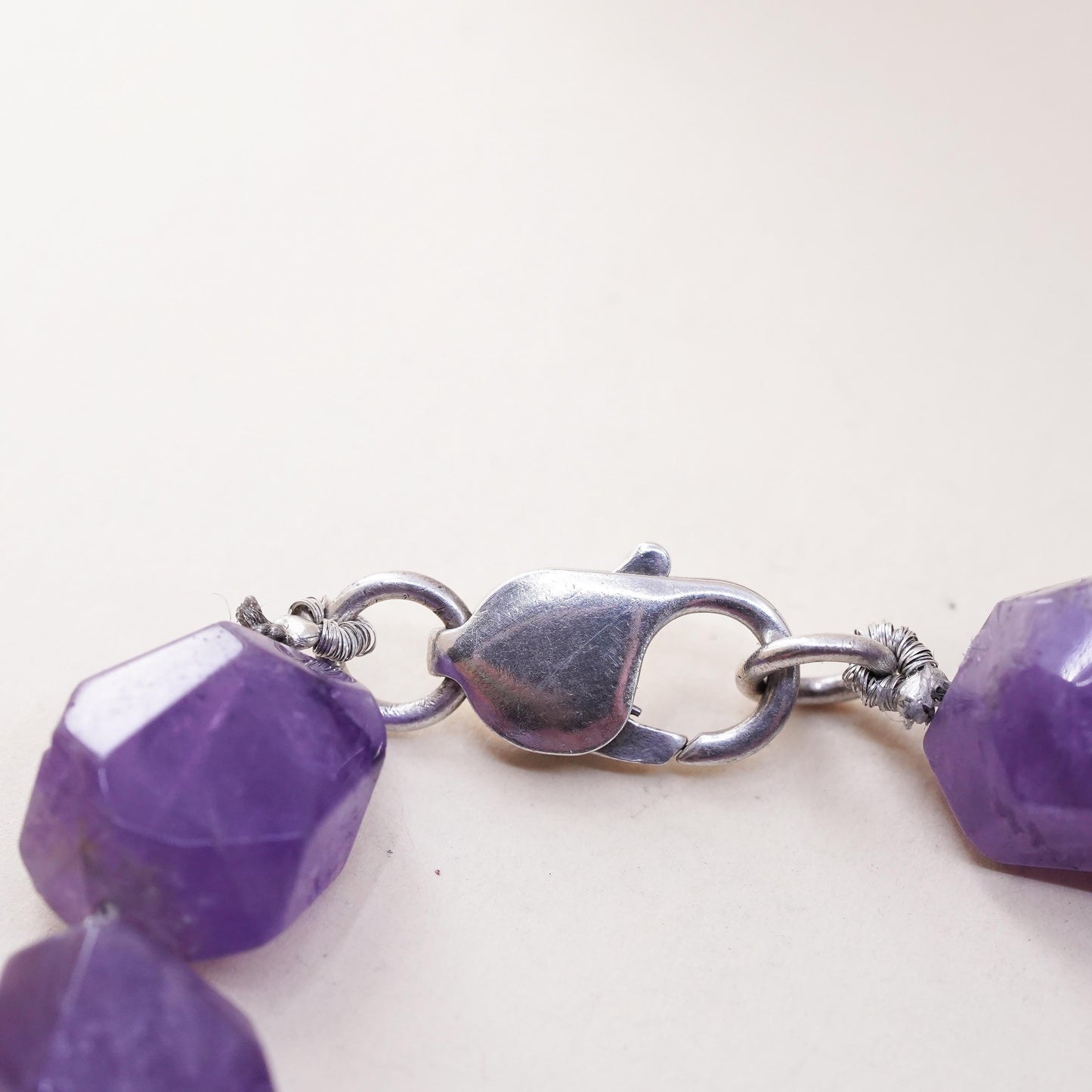 7.5" Vintage Sterling 925 silver handmade bracelet, natural amethyst nugget
