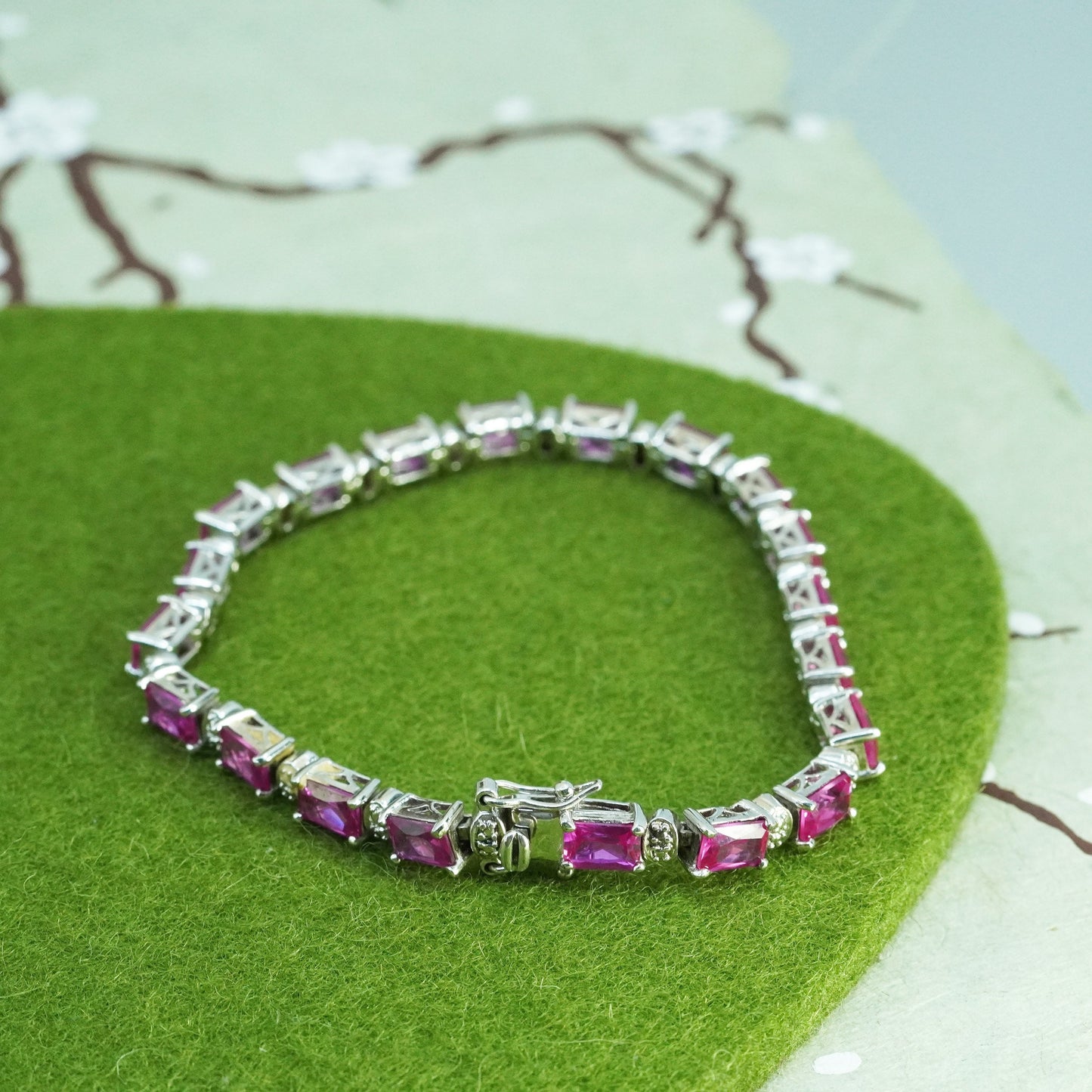 7.25”, Vintage sterling silver bracelet, 925 tennis bracelet with rose pink cz
