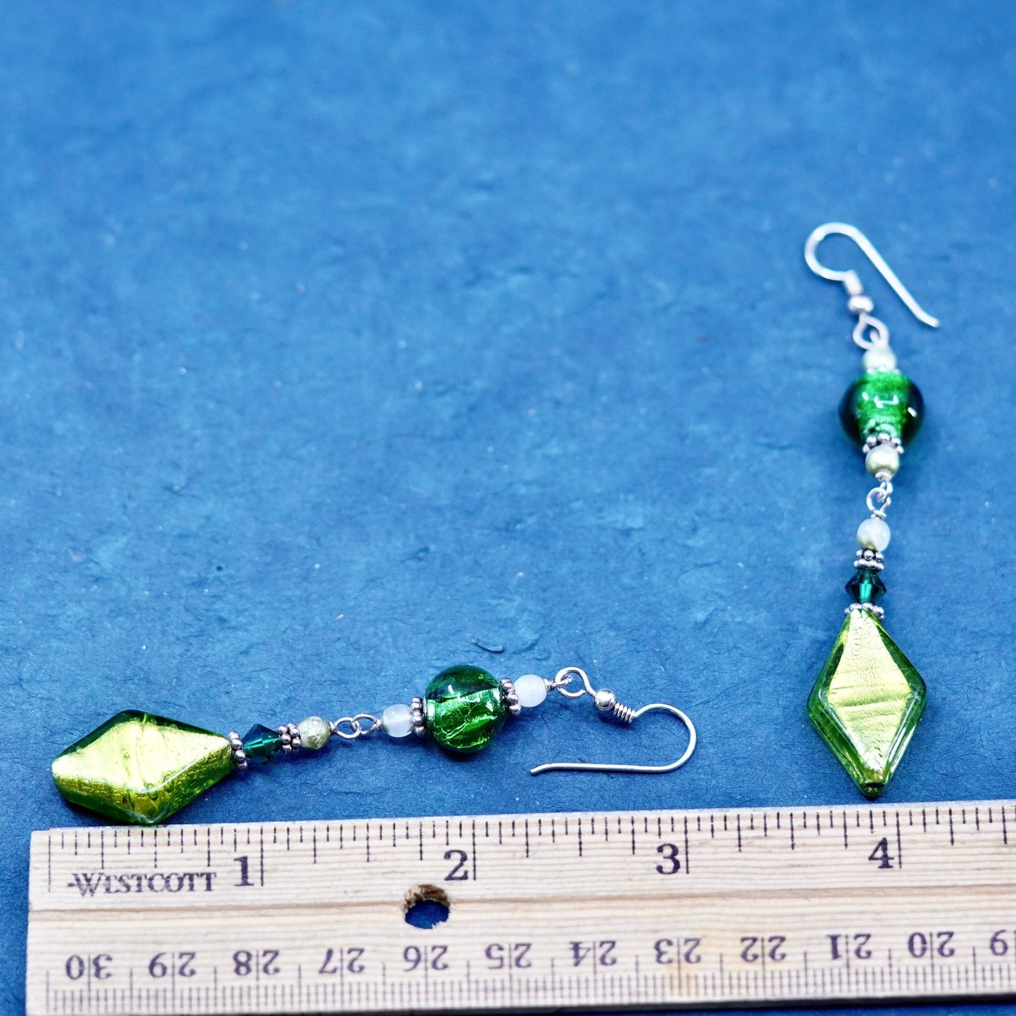 3”, Vintage sterling silver 925 handmade earrings w/ green foiled glass dangles