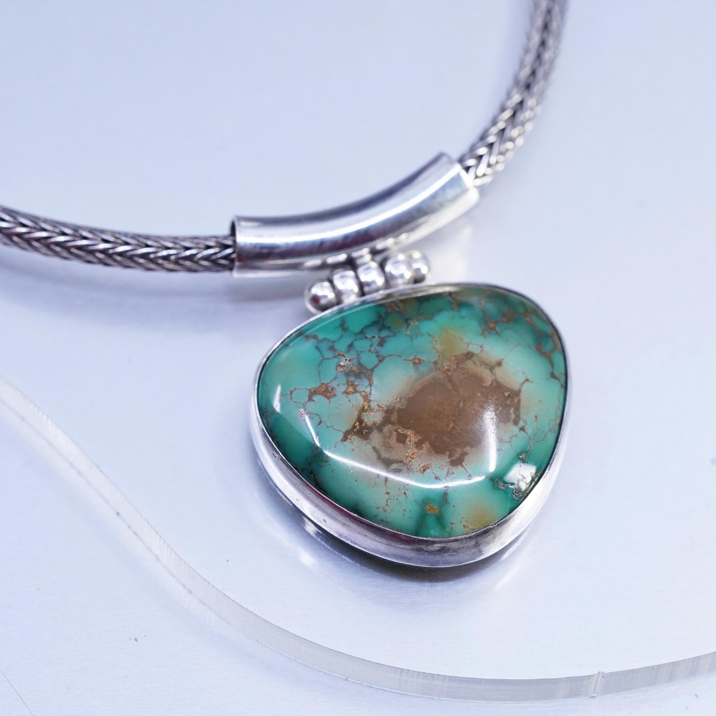 16", vintage Sterling 925 silver bold wheat chain necklace turquoise pendant