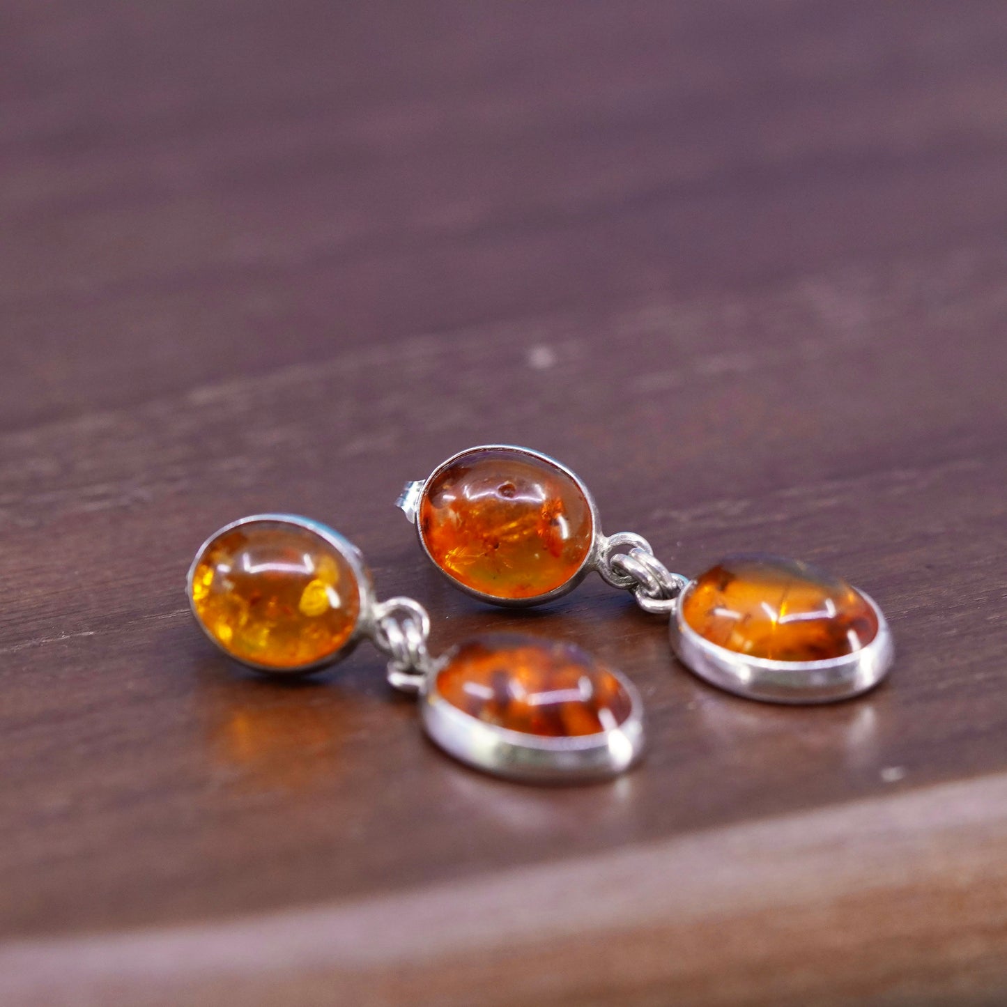 Vintage sterling silver 925 handmade earrings with oval amber