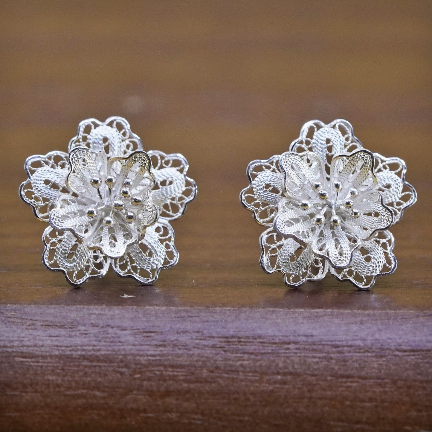 Vintage Sterling silver handmade earrings, filigree 925 heart studs