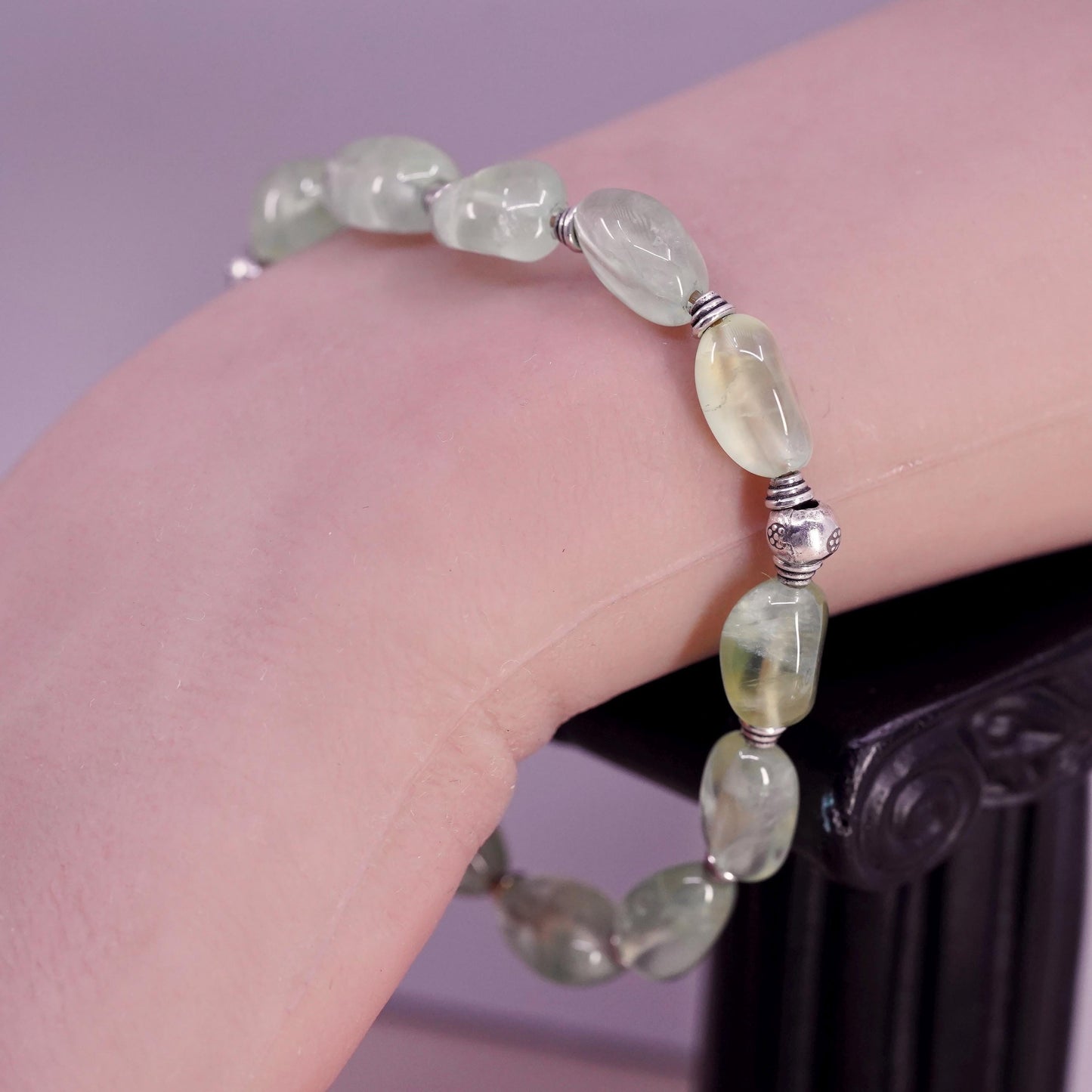 7.25", vintage Sterling 925 silver handmade bracelet with oval prehnite nuggets