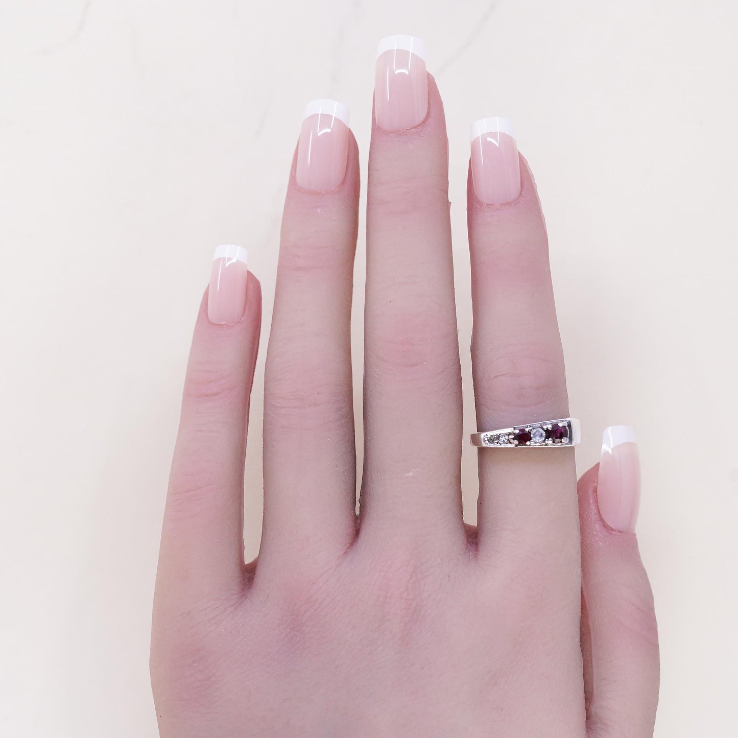 Size 6, Vintage sterling silver handmade ring, 925 stackable band with ruby cz