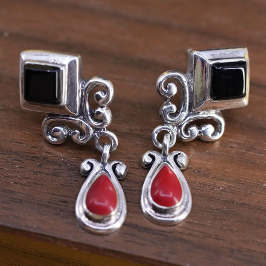 Vintage SX Sterling 925 silver handmade onyx earrings w/ teardrop coral dangles