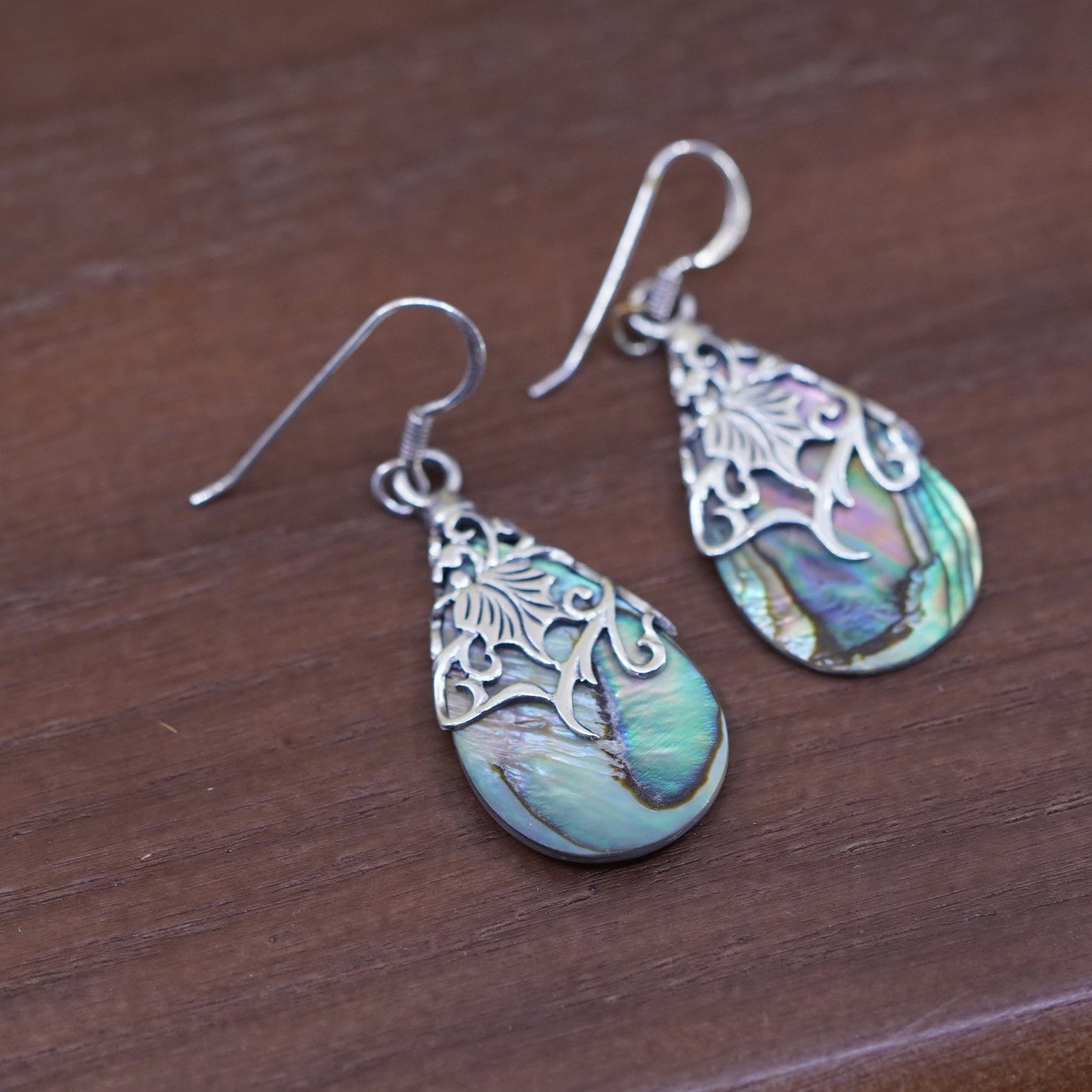Vintage Sterling 925 silver handmade earrings with teardrop shaped abalone