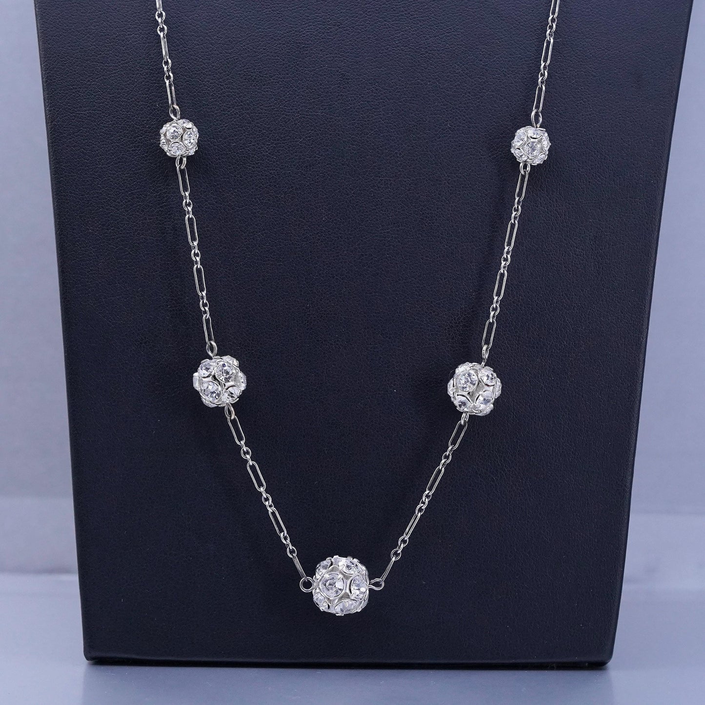 24”, vintage Sterling 925 silver elongated chain pendant necklace with Cz beads