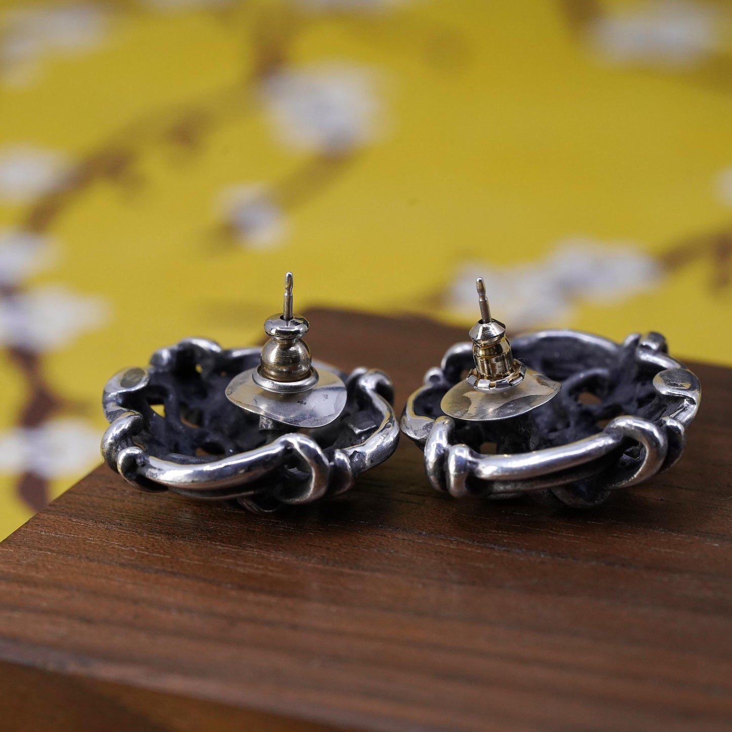 Vintage Sterling silver handmade earrings, 925 woven braided square studs