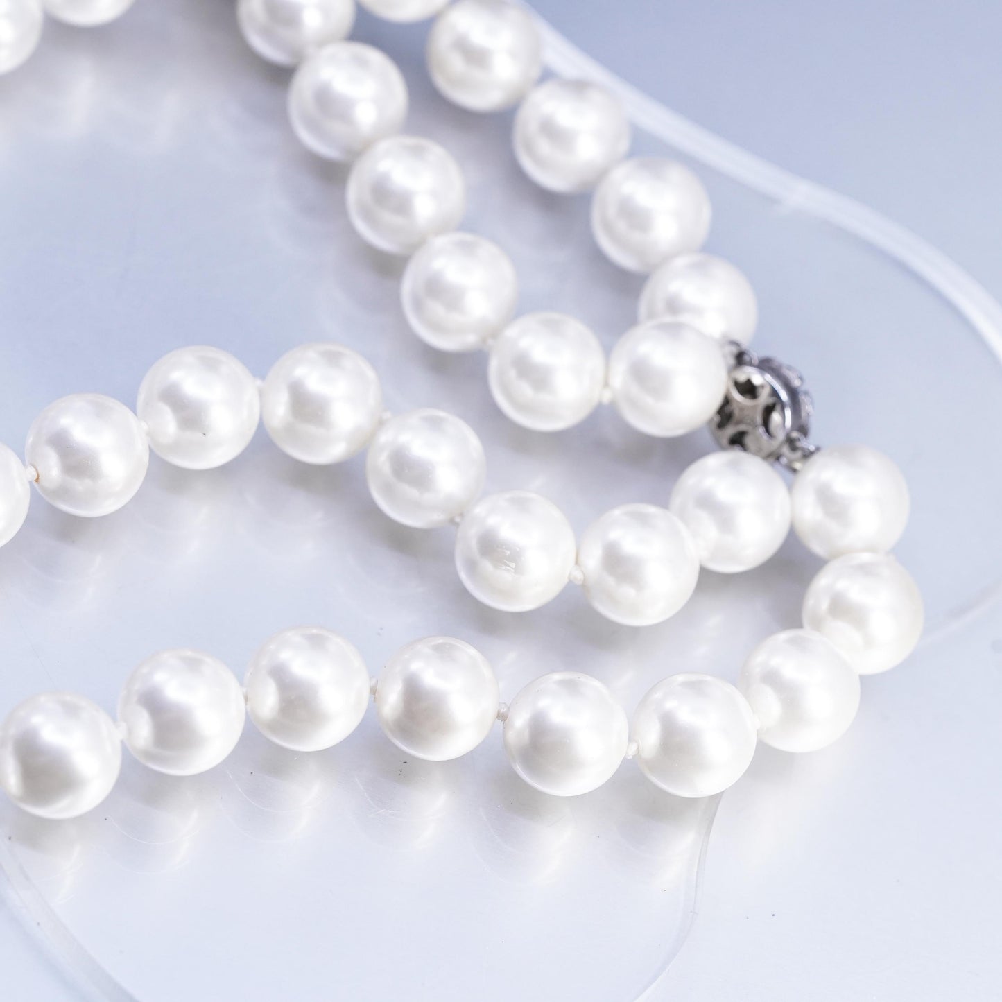 16", Sterling 925 silver double strands necklace faux pearl beads flower clasp